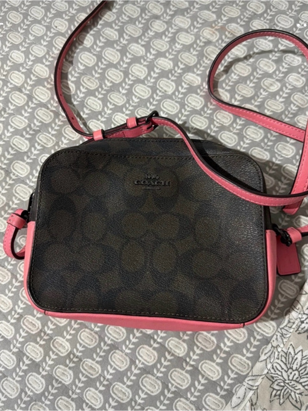 Coach Brown Signature Canvas Crossbody with Pink Trim and Strap